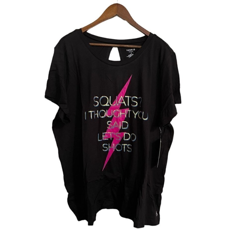 Torrid Womens NWT Black Squats I Thought You Said Lets Do Shots Open Back Tee 2X - Picture 3 of 9